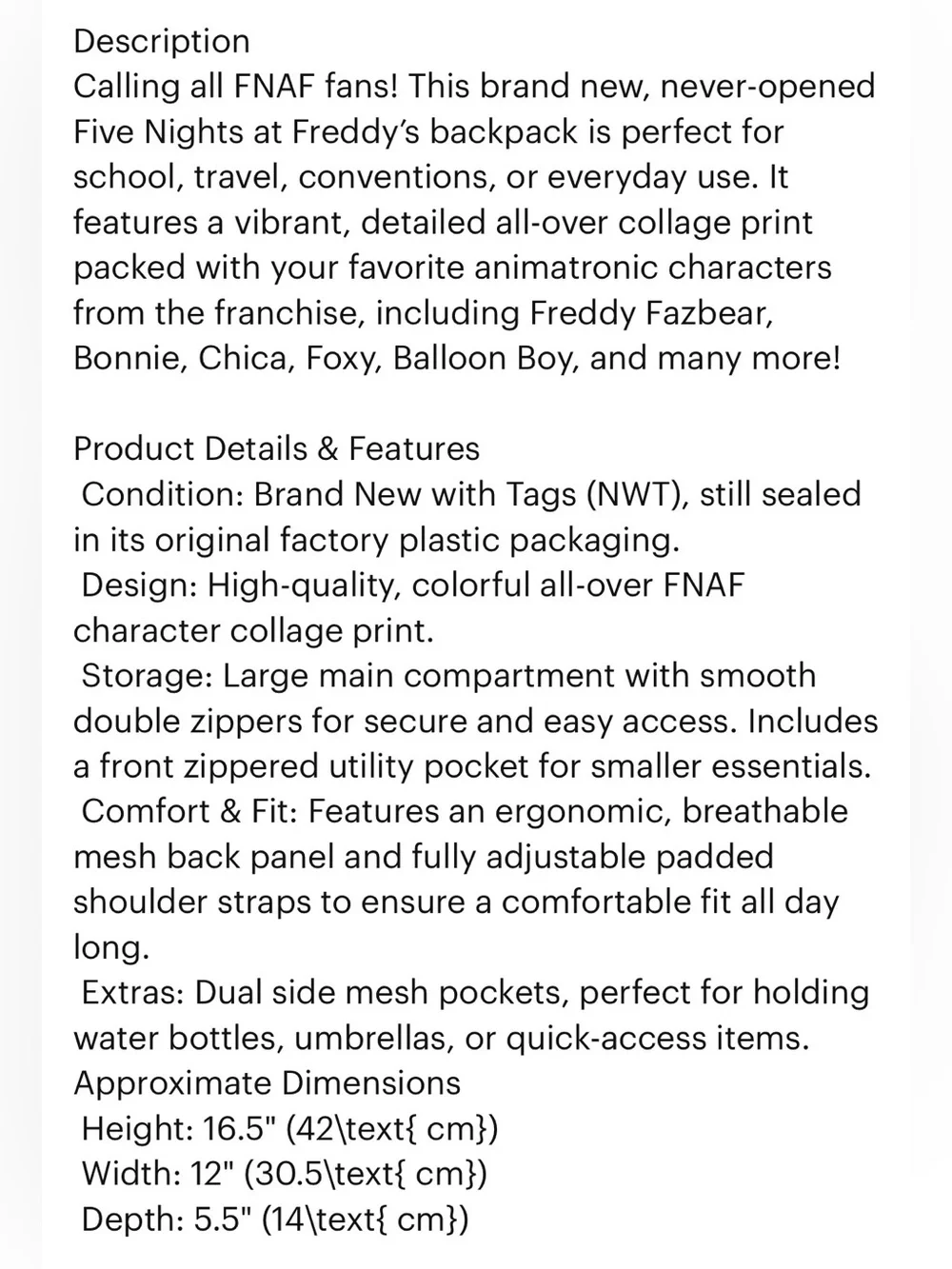 FNAF- Five Nights at Freddy's Casual Rucksack Back Pack All Over Print NEW!